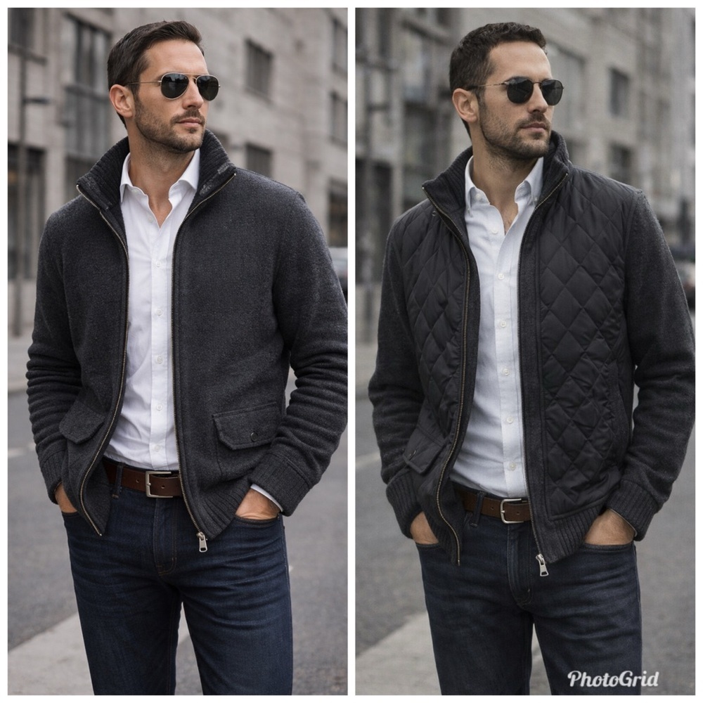 Banana Republic Reversible Wool Sweater Jacket Quilted Vest Mens M Gray Black